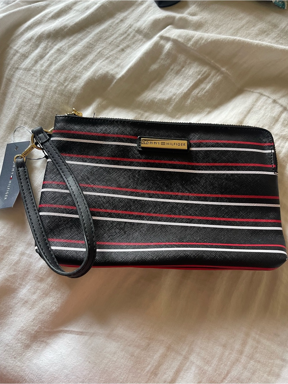 Tommy Hilfiger Black Toiletry Wristlet with Red and White Stripes